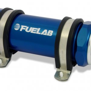 Fuelab 858 In-Line Fuel Filter Long -8AN In/Out 100 Micron Stainless w/Check Valve - Blue