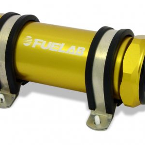 Fuelab 828 In-Line Fuel Filter Long -12AN In/Out 10 Micron Fabric - Gold